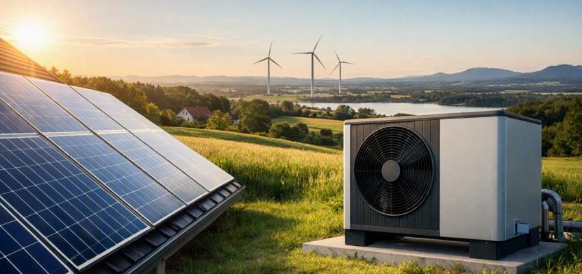 Napelemekkel borított tető és modern hőszivattyú egység naplementében, fenntartható energiaforrásokat bemutató tájkép.
